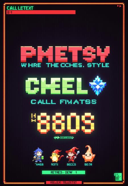 p1x3lt3xt,  (Teletext game screen:1.5) with vibrant borders, featuring the text “(Call 1-800-Final Fantasy:1.4)” in a bold pixelated font. Below, the playful message reads “(WHERE ARE THE CHEETOES:1.3)” alongside a pixelated (red mage:1.2) character reminiscent of 8-bit D&D. Include a pixelated (Mountain Dew bottle:1.2) on the side. The entire theme should evoke an (80s and 90s retro pixel style:1.5) with a dark background, using various bright colors and informative numbers and instructions to enhance the nostalgic feel