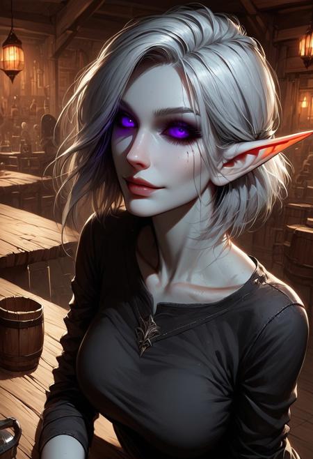 score_9, score_8_up, score_7_up, score_6_up, source_anime, Expressiveh, undead, deathknight, masterpiece, best quality, highly detailed, mxstnrv3, 1girl, elf, mature, slender body shape,(long ears, pointy ears), pale grey skin, (blue purple eyes, glowing eyes, black sclera), (grey hair, short hair, wavey hair), long eyebrows, black shirt, short shirt, black pants, indoors, cozy, bedroom, tavern, night, seductive smile, posing, sexy, volumetric lighting, vivid colours, solo, (close up:1.4), portait, from above, looking up,