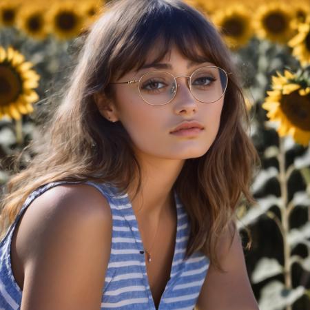 ella_purnell, <lora:EllaPurnellXL:1>,long hair, looking at viewer, bangs, brown hair, shirt, bare shoulders, upper body, flower, outdoors, parted lips, sky, glasses, teeth, sleeveless, day, striped, blurry, tree, blue sky, sleeveless shirt, depth of field, blurry background, eyewear on head, striped shirt, realistic, sunflower, field, flower field, photo background, ((perfect eyes, detailed eyes,realistic eyes)), ((sharp face, detailed face, realistic face, naturtal skin, realistic skin, detailed skin, pores))