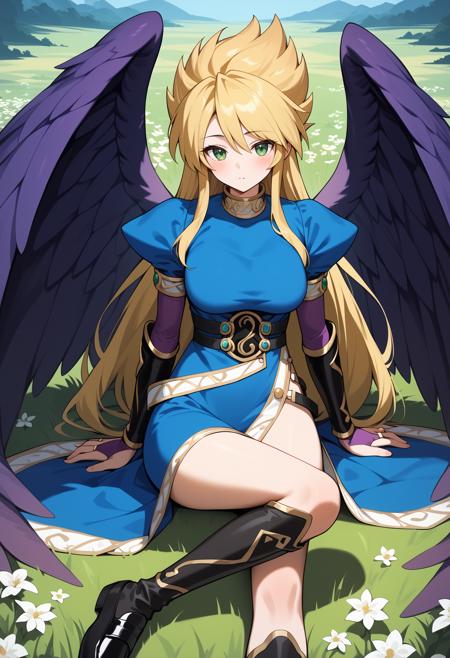 aanina, long hair, blonde hair, green eyes, large breasts, feathered wings, purple wings, blue dress, puffy sleeves, bridal gauntlets, side slit