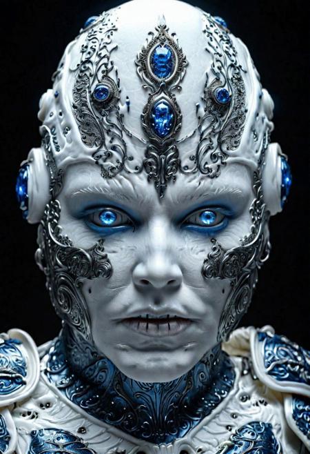 humanoid android, covered in white porcelain skin, blue eyes, white wispy ghost wearing ornate armour 4k realistic fantasy, insane details, ghost phantom effect, hyper detailed, photoreal, photography, cinematic lighting, hdr, hd, cinematography, realism, fine art digital, HD, Mark Molnar mystical, redshift rendering, 8k  v 4
