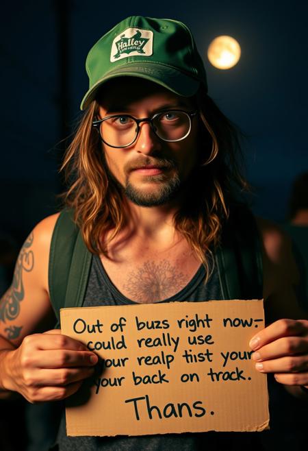 a vagabond, intoxicated, drunk. glasses john lennon style, long hairs, tattoo. green trucker cap. holding a cardboard with written "Out of buzz right now—could really use your help to get back on track. Thanks!" dark halley light only from the full moon in bk