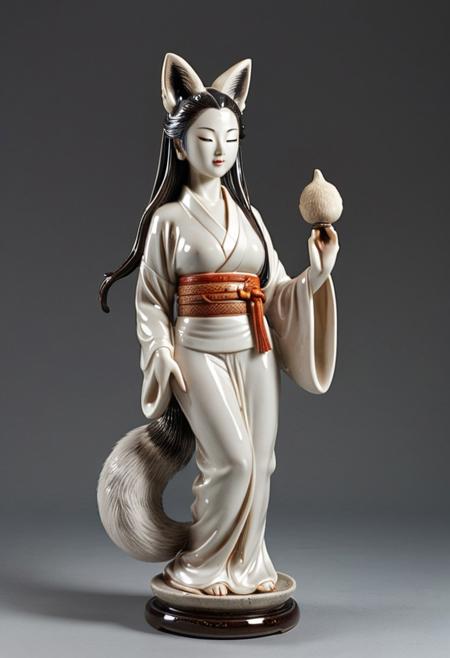 ceramic,masterpiece, best quality, amazing quality, very aesthetic, newest, Stone Statue of a Beautiful Woman、Head is human、fox ear、fox tail、long straight hair、Beautiful Standing、stretches back、Stand up your tail、Wearing a stone kimono、The style is good and the impression is high and slender、Japanese temple、lighting from below、Polished Stone Statue、Outdoors、well-balanced arrangement and composition、Very Realistic Quality