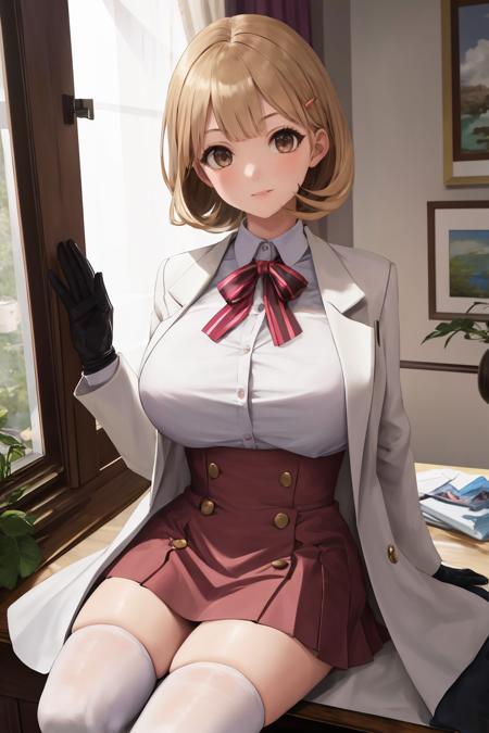 masterpiece, best quality, 1girl, solo, looking at viewer, <lora:ryoukanarusawa-on-richy-v1:1> ryoukadef, labcoat, thighhighs, gloves, pink skirt, high-waist skirt