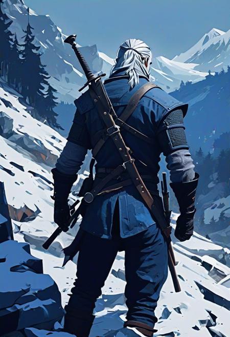 the Witcher wallpaper, in the style of brushwork exploration, light blue and indigo, expressive figure painting, mountainous vistas, snow scenes, industrial paintings, close up --ar 71:128 --stylize 750 --v 6