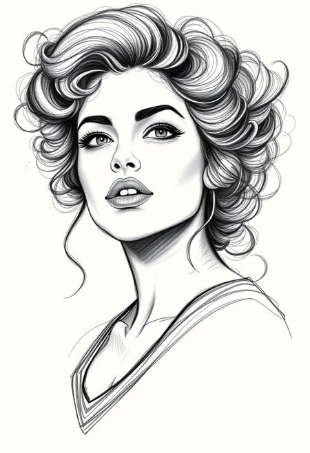 lipbite drawing sketch of amazing woman, curvy voluminous hair