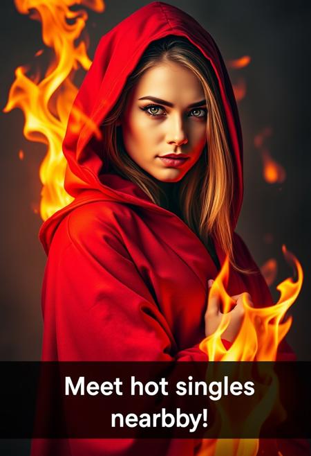 Parody of an online advertising for a hookup app that features the photograph of a female fire sorceress looking at the viewer with a seducing gaze. She wears a red fiery robe surrounded by flames. Title text at the bottom of the image reads "Meet hot singles nearby!"
