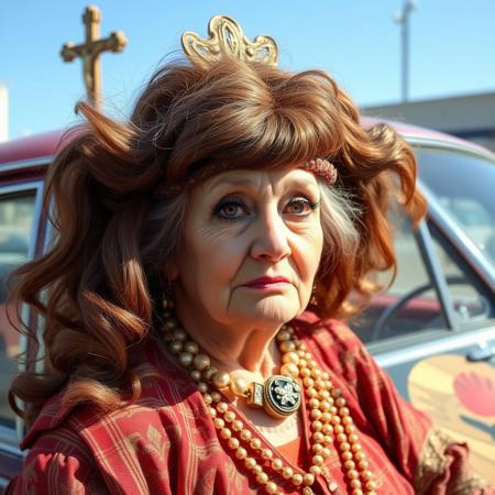 A Fringe Religious leader, She looks like an old (very, very elderly) decrepit movie star from the 1930's that should have faded into obscurity, Mu-Mu's, huge brown wigs, eyelashes you could cut frozen meat with, and a gallon of mascara every three hours. And the jewelry! She is driven around in a immense private car from the 70's with a massive fiberglass crucifix on the top, and scenes from her made up 'religion' on the side of the car. I'm not sure that she isn't a he...