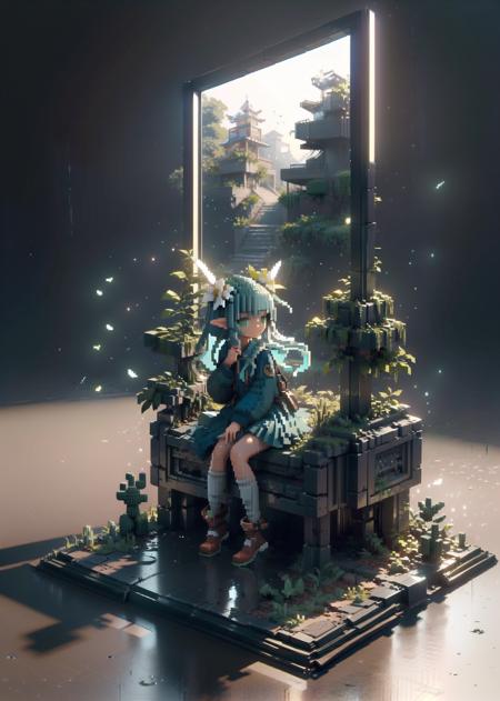 <lora:VOXEL:1>,
((masterpiece)),((best quality))
(concept art background \(Voxel\):1.6), (vbcb:1.6), 3d pixel art, (vpa:1.3), Voxel, 
masterpiece,best quality,(ray tracing,cinematic lighting),sunlight,
1girl,dark skin,wet clothes,full body, sitting, looking at viewer, solo, 1girl, elf girl, long hair, green hair, [green|blue] eyes, dress, white hair flower, hair ornament, wind, leaf, tree, forest