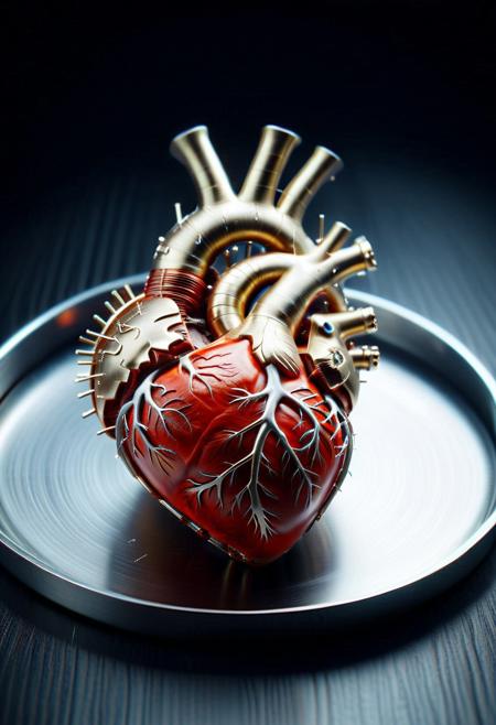 qu4ntum style, 4k, ultra highres, Tilt shift photography style, the digital anatomical heart, on the simple silver serving tray,