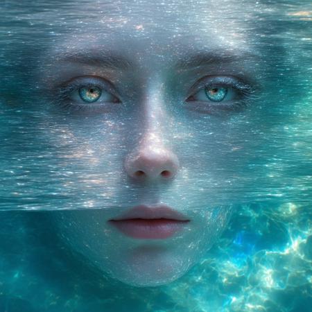 A colossal, androgynous face dissolves into a pristine alpine lake, its rippling silver surface fracturing into kaleidoscopic shards that bloom like liquid stained glass (low-angle view, face occupying 2/3 frame, dwarfed by jagged violet mountains). In the style of Salvador Dalí's dreamscapes fused with Leonid Afremov's impasto vibrancy: iridescent teal waters swirl with peacock blues and molten gold, while dawn's axial light casts prismatic halos through suspended mist. Velvet-textured cherry blossoms float atop mercury-like liquid, their petals mirroring eyelashes. Submerged clock gears glint beneath the surface, warping the reflection's jawline into cascading rubies. Air hums with chromatic aberration, skin tones shifting moss-green to coral where droplets kiss the water.