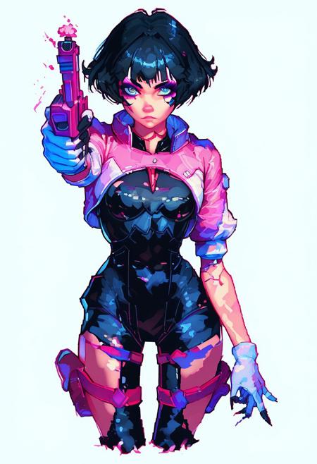 1girl, solo, cpsasha, black bodysuit, thigh holster, makeup, android, cropped jacket, gloves, short hair, black hair, multicolored eyes, handgun, aiming, white background, score_8_up, score_7_up, score_9, Pixel Art