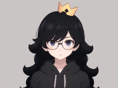 <lora:azurasuzukiv1:0.8>, Azura Suzuki, 1girl, solo, (crown:1.2), hoodie, hood, long hair, black hoodie, black hair, black eyes, glasses, upper body, long sleeves, hood down,