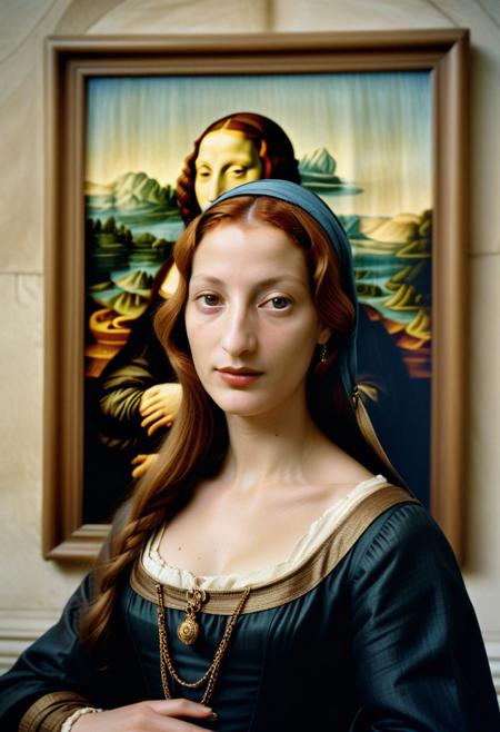Simonetta Vespucci (1gir) posing as Mona Lisa,
realistic photograph by Annie Leibovitz, Hasselblad 500C/M, Kodak Portra 400,