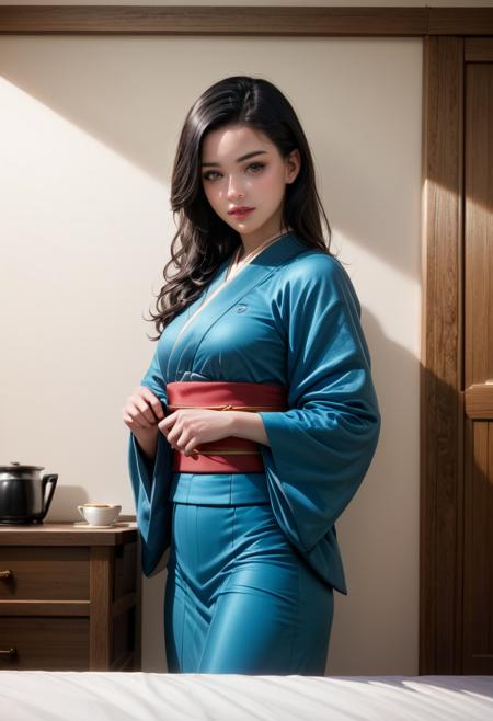 score_9, score_8_up, score_7_up,  1girl (medium full shot) of (enchanting young woman:1.1) japanese geisha, black hair, hime haircut,  brown eyes, slender,             (wearing a stunning susohiki kimono with trailing hem and dramatic sleeves, adorned with motifs of nature and poetry), elaborate red beni lipstick, silk obidome brooch with gemstones and pearls, fastened to the obi sash as a decorative accent, scared, pointing at viewer, set in Edo era, in a  Guest Room, Tatami flooring, futon mattress rolled out for sleeping, sliding paper doors, low wooden table with a tea set, decorative folding screen in the corner , at sunset ,Masterpiece,best quality, photorealistic, amazing quality, very aesthetic, extremely detailed face,