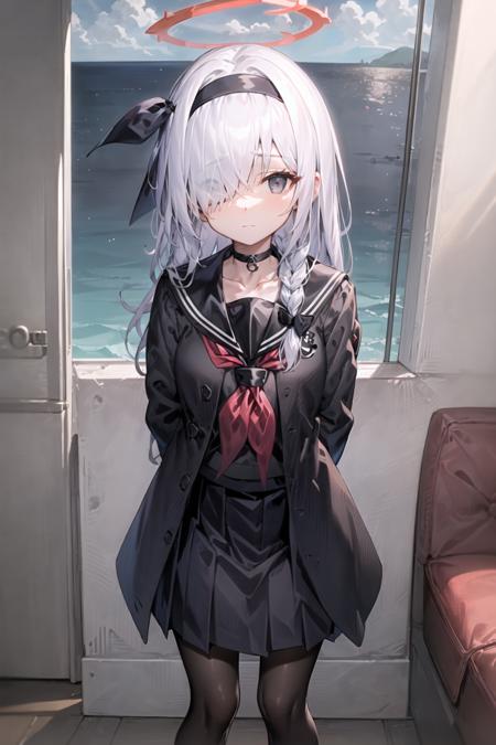 arms behind back, (on the ocean:1.3), 

1girl, solo, halo, pantyhose, long hair, skirt, braid, hair over one eye, hairband, neckerchief, choker, white hair, standing, sailor collar, school uniform, black choker, long sleeves, looking at viewer, black hairband, shirt, black pantyhose, pleated skirt, black skirt, open clothes, bangs, black serafuku, closed mouth, black shirt, collarbone, black sailor collar, white neckerchief, couch, single braid, coat, grey eyes, hair ribbon, black coat, ribbon, open coat, white shirt, side braid,


 <lora:PuranaV1.5:1>