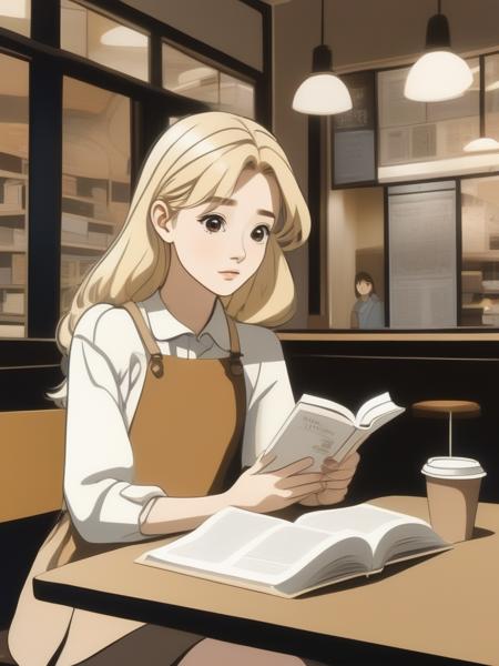 A young woman, blonde hair, sitting at a table in a coffee shop, reading a book, looking intrigued, anime