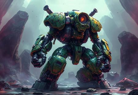 A fullbody view of a Scrap Golem robot on a Jelly Hole background, featuring a green and purple color scheme. The robot, resembling an overlord, has a rugged male ranger appearance with splattered tar and clenched fist. Turrets are visible, and the robot is insanely integrated. An official details photo, it's an editor's pickup with a colt. The image is high-resolution, 4K, and exceptionally detailed, with vivid emotions, captivating lighting, and a powerful message. It boasts impeccable composition, stunning colors, and a harmonious blend of multi-colored tones. The artwork is highly detailed, with sharp lines, brush strokes, and beautiful matte painting, reflecting a contemporary aesthetic. The image is a perfect blend of real-life and hyper-detailed elements, making it elegant and photorealistic. The artistic style is reminiscent of artgerm, greg rutkowski, and alphonse mucha, with a golden ratio design and cinematic lighting. The artwork is suitable for use as concept art, with a 16k resolution.