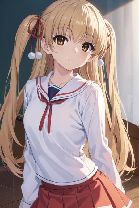 miutakanashi, <lora:miu takanashi s1-lora-nochekaiser:1>,
miu takanashi, long hair, blonde hair, ribbon, twintails, (brown eyes:1.5), hair ribbon, two side up, smile,
BREAK skirt, long sleeves, school uniform, serafuku, white sailor collar, (red skirt:1.2), (white shirt:1.2),
BREAK indoors, classroom,
BREAK looking at viewer, (cowboy shot:1.5),
BREAK <lyco:GoodHands-beta2:1>, (masterpiece:1.2), best quality, high resolution, unity 8k wallpaper, (illustration:0.8), (beautiful detailed eyes:1.6), extremely detailed face, perfect lighting, extremely detailed CG, (perfect hands, perfect anatomy),