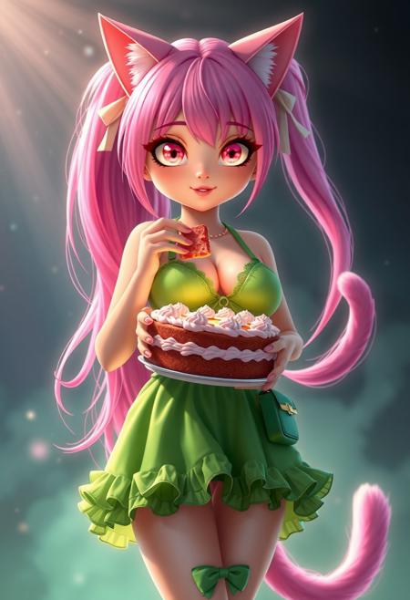 Realistic anime. 3d Pixar , Cat girl with neon pink hair that reaches the floor, sparkling pale pink eyes, voluptious, big boobs, wearing a short, slutty, green sundress with a ridiculous amount of frilly ruffles on the hem, cleavage, cute face, ribbons in hair, green Mary Jane shoes, green cross body purse, she is eating a whole cake with her bare hands. glow, god rays, ethereal, dreamy, heavenly, otherworldly, dream-like, breathtaking, captivating, divine, Bioluminescent,
