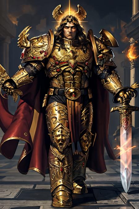 mature adult, illustration, beautiful detailed eyes, best quality, highly detailed, masterpiece, ultra-detailed, illustration, long hair, olive skin, full armor, muscular, god-like physique, golden armor, glowing golden aura, highly-ornamented golden armor, gold trimmings, bronze trimmings, cape, laurel crown,
1 man, serious, stern, yellow eyes, EMPEROR OF MANkind, glowing eyes,  <lora:THE EMPEROR OF MANKIND MK1 by CCARAXESS:0.7> <lora:tool - Elixir:0.7>full body, battle, ((holding sword, claw(weapon):1.3)),