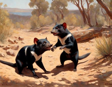 cartoon realistic duo tasmanian devil playing, sunny day, noon, tasmanian outdoors, outback in the style of Vasily Vereshchagin Style,  intricate, elegant, highly detailed, digital painting, artstation, concept art, matte, sharp focus, illustration, art by Artgerm and Greg Rutkowski and Alphonse Mucha