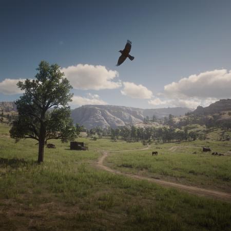 cinematic film still of cinematic film still of  <lora:Hyperrealism style:0.35> sharp detailed, Hyperrealism Style
 <lora:Red Dead Redemption style:0.55>
a field with a bird flying over it,outdoors,sky,day,cloud,tree,blue sky,no humans,cloudy sky,grass,nature,scenery,forest,mountain,road,field,landscape , epic, Western, adventures, outlaw, Red Dead, Western United States, wild west, cowboy, cowgirl, Open world, 1900's, realistic, cinematic, film look, dramatic light, partially covered in shadows, gang, Western-themed action-adventure, Red Dead Redemption style, shallow depth of field, vignette, highly detailed, high budget, bokeh, cinemascope, moody, epic, gorgeous, film grain, grainy