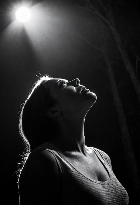 cinematic, ((black and white, monochrome, greyscale)), portrait, of a gorgeous woman, looking up, in awe, at a spotlight, in a dark, dimly lit, foggy, forest, at night, noise, detailed, high quality, cinematic lighting, contrast, heavy dynamic shadows, atmospheric,