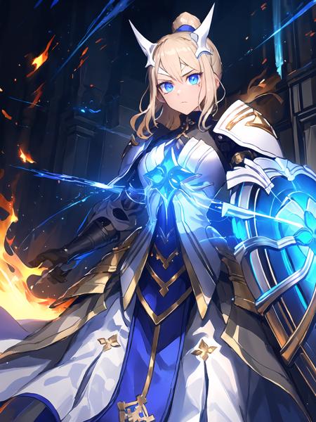 masterpiece,best quality,highres,cinematic lighting,dramatic angle,1girl,<lora:ShadowverseHolySaberV16-000029:0.8:lbw=jiangshi3>,alternative2, hair ornament,ponytail,ribbon,glowing,serious,shaded face,black armor,white and blue dress,holding blue sword,looking at viewer,dynamic angle,flames,depth of field,blue eyes,cowboy shot,holding shield,<lora:flat2:-0.25> ,from below,close-up,floating object