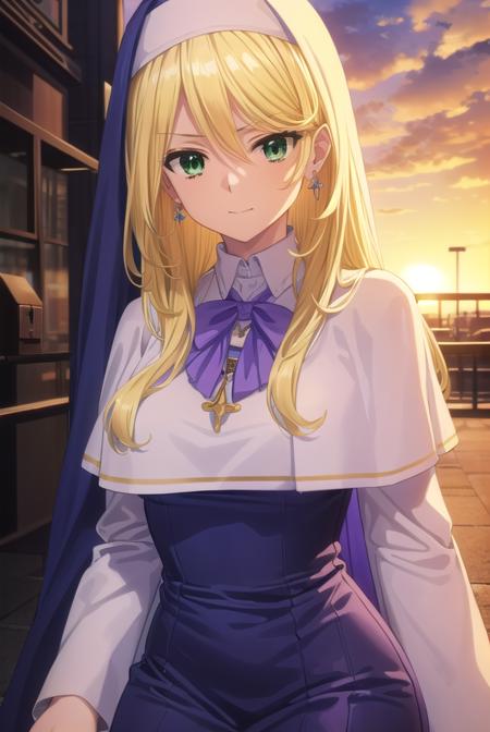 sharonholygrail, <lora:sharon holygrail s1-lora-nochekaiser:1>,
sharon holygrail, long hair, blonde hair, hair between eyes, (green eyes:1.3), smirk
BREAK bow, jewelry, earrings, bowtie, necklace, purple bow, nun, habit, purple bowtie, capelet, white capelet,
BREAK outdoors, city, sky, sun, clouds, crowd, people, 
BREAK looking at viewer, (cowboy shot:1.5),
BREAK <lyco:GoodHands-beta2:1>, (masterpiece:1.2), best quality, high resolution, unity 8k wallpaper, (illustration:0.8), (beautiful detailed eyes:1.6), extremely detailed face, perfect lighting, extremely detailed CG, (perfect hands, perfect anatomy),