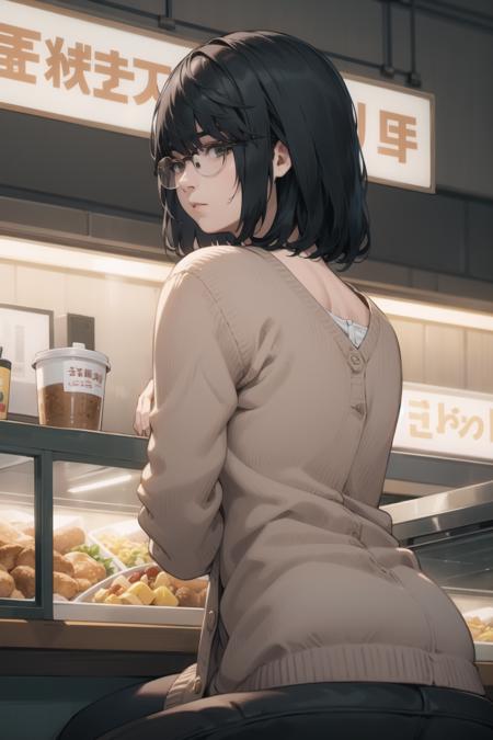 <lora:shirosaki-000034:1> shirosakisaori, glasses, cardigan, realistic,
1girl, solo, food stand, sitting, from behind