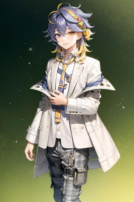 (extremely detailed CG unity 8k wallpaper), (best quality), (ultra-detailed), 1boy, asterarc, standing, looking at viewer, <lora:asterarcadia:0.9>, smiling, shirt, hair ornament, jewelry, long white jacket, plaid pants, tie, heterochromia, beautiful green park background, walking