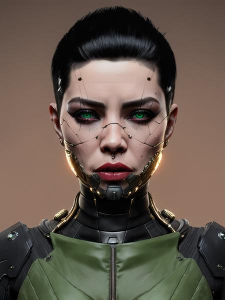 1girl, solo, looking_at_viewer, short_hair, black_hair, green_eyes, mole, lips, makeup, lipstick, portrait, science_fiction, realistic, nose, cyborg, cyberpunk , <lora:Digital_Madness:0.75>