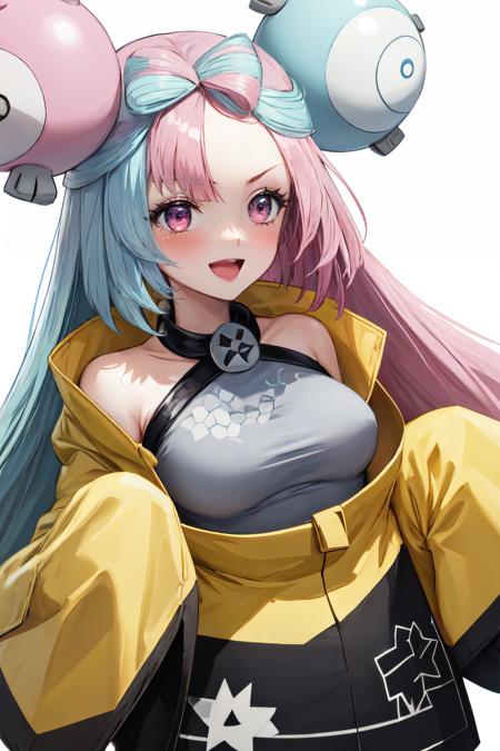 iono pokemon, sleeveless shirt, 1girl, upper body, :d,  sleeves past fingers, shirt, sleeves past wrists, yellow jacket, open mouth, low-tied long hair, jacket, solo,white background, oversized clothes, very long sleeves, blush, sleeveless,pink eyes<lora:iono_pokemon:1>