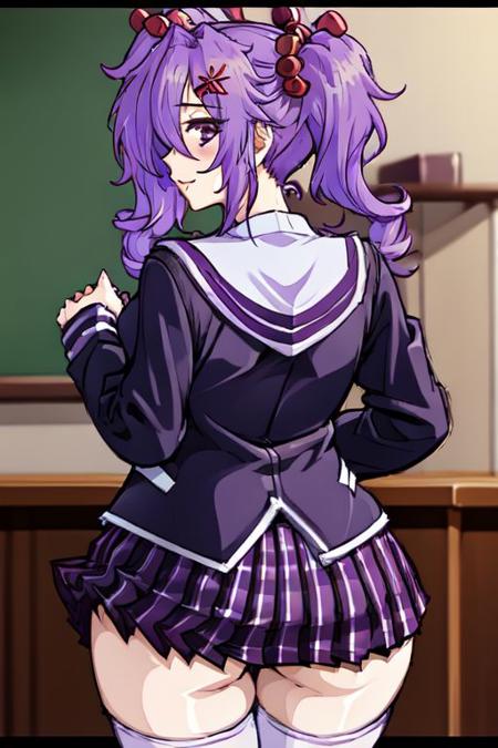 genericacrushcrush, 1girl, solo, twintails, hair ornament, thighhighs, white thighhighs, sleeves past wrists, 1girl, school uniform, hair over one eye, purple hair,