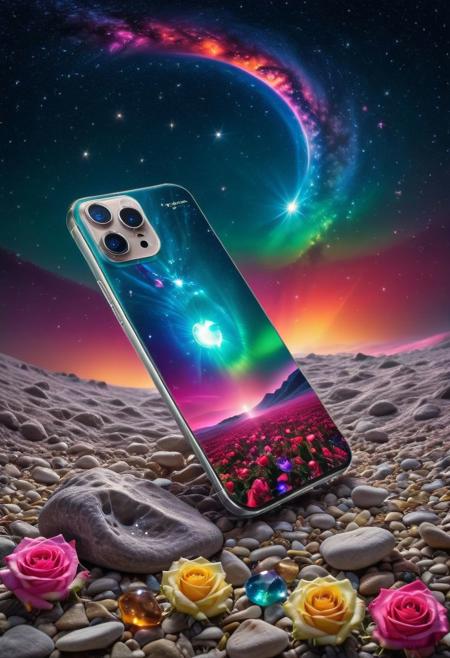 a starlit sky, a magical smartphone captures the essence of a vibrant rainbow, colorful roses, and sparkling crystal pebbles. This celestial device, bathed in the light of stars, shooting stars, a silver crescent moon, and the Milky Way, creates a dreamlike ambiance. It weaves a rich tapestry of colors, transitioning from vivid reds to deep purples, and spanning hues of pink, yellow, blue, and green.