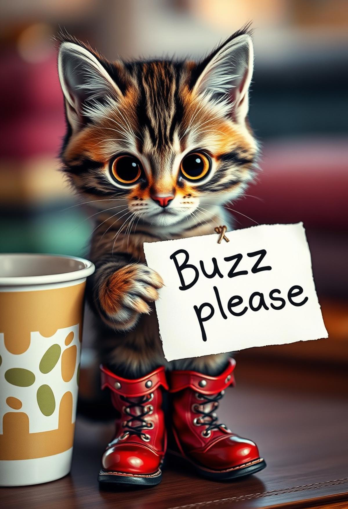 Puss in boots, large sad eyes. standing next to cup. Holding a sign that says "Buzz please"