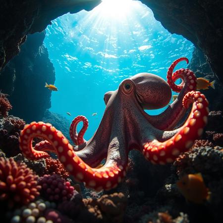 a very detailed close picture of an octopus near an underwater cave ,sunlight pasing throw water, carl reef , colorful fishes
