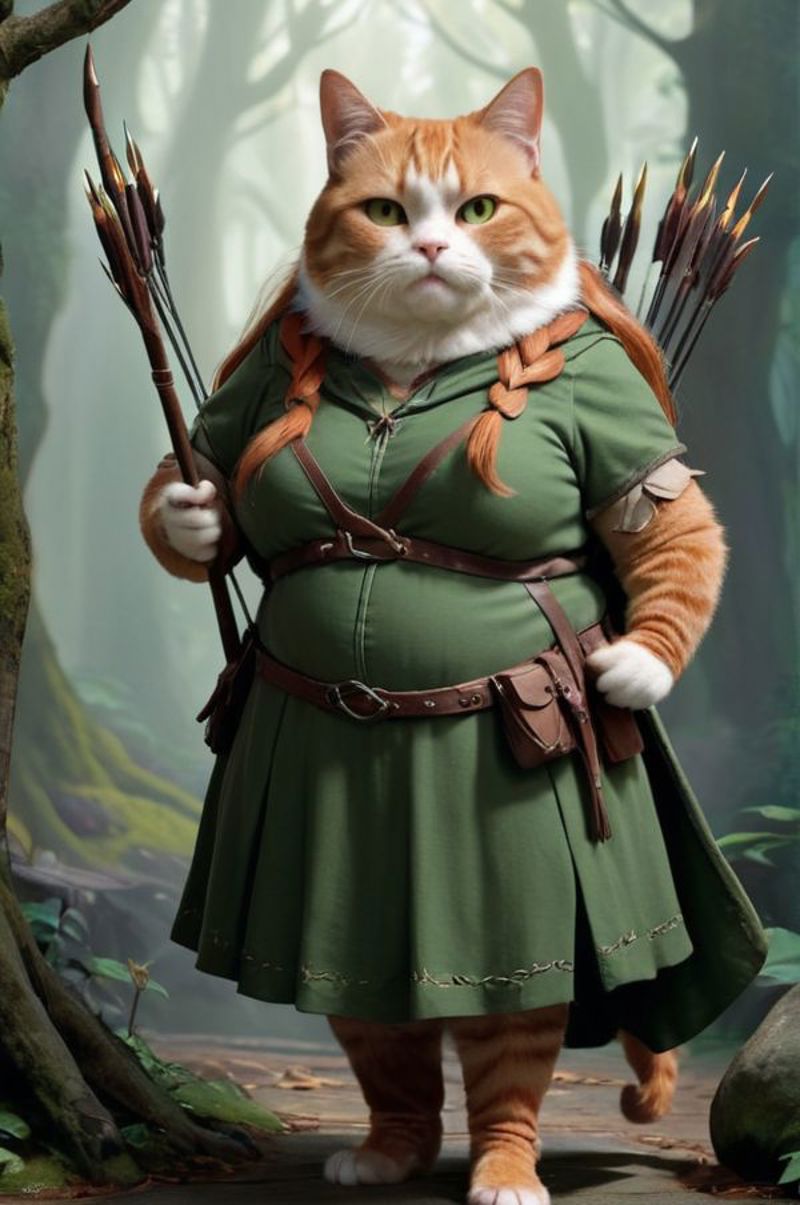 Overweight Cat Dressed as Merida from Brave with a Bow and Arrow.