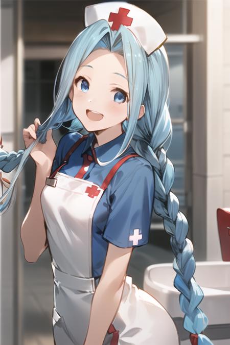 <lora:lyria:0.8>, solo, 1girl, lyria_\(granblue_fantasy\), granblue fantasy, aqua hair, shiny hair, very long hair, nurse, nurse cap, (twin braids:1.2), blue eyes, small breasts, smile, open mouth, sidelocks,