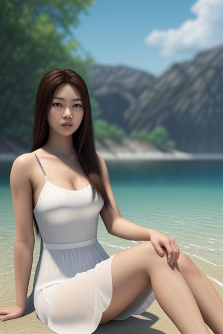(((masterpiece))), ((photorealistic:1.4)), ((realistic:1.4)), ((best quality)), ((official art, extremely detailed CG unity 8k wallpaper)), ((highly detailed)), ((absurdres)), ((8k resolution)), 1girl, perfect asian girl, solo, long hair, brown hair, dress, sitting, look at viewer, water, white see through dress,