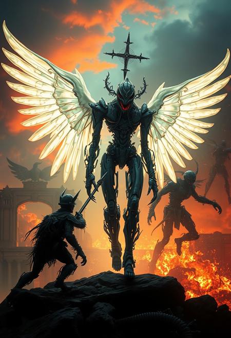 In the biomechanical twilight, a non-catholic  high shaman-machine observes the eternal war. Angelic constructs with bone-white wings clash against demons of living obsidian. Heaven's gates: a labyrinth of flesh and metal. Hell's maw: a pulsating abyss of twisted forms. Souls morph endlessly, caught between light's caress and shadow's grasp. Celestial harmonies battle demonic static. Archangels in exoskeletons of sinew and steel face lords of sin draped in writhing darkness. Hope flickers in neural pathways as despair corrodes. Faith: a virus piercing night's code. Virtue's cyborgs resist the allure of corrupt data. Each consciousness must choose: ascend to digital nirvana or descend into analog chaos. In this surreal spectrum of existence, which reality will your quantum soul inhabit? And no cross on the head