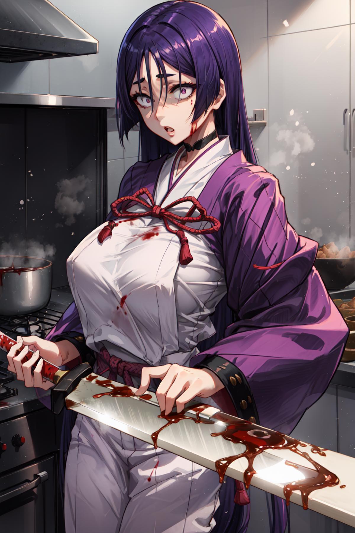 Anime character holding a sword in a kitchen with blood on her clothes.