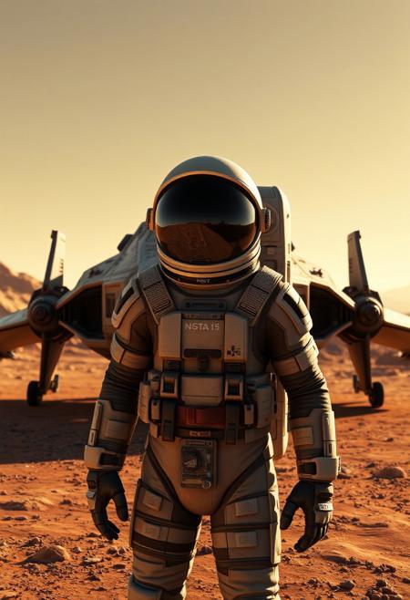 A full suit astronaut (visor is fully reflective and cannot be seen through) standing in front spaceship that recently landed on new planet, he is looking over the horizonbut angled away. Set in the art style of the video game no man's sky. Have the camera further back about 50 yards out. And have the spaceship similar style to an x-wing from star wars, more horizontal. Have the spaceship fully visible behind astronaut.