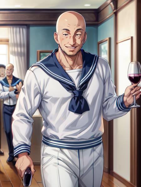 best quality, masterpiece, highres, detailed, digital artwork, <lora:Detail - add_detail:0.2>, SailorCh,  <lyco:Change - SailorCh:0.8>, white shirt, white pants, c-Tadokoro,  <lora:Character - Tadokoro:0.8>, 1man, bald, smile, party, public, indoors, holding a glass of wine, sailor collar,