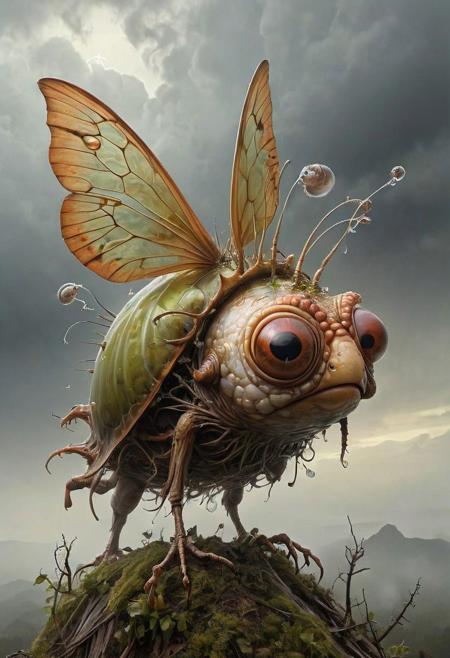 famous artwork by (brian despain:1.3) and (ben wootten:1.4) and (sandra everingham:1.1), (close shot on head) detailed expressive eyes, fantasy style, (fractal art:0.44), dramatic sky, this image shows the airborne resentful woodgrabbler, an ethereal and mysterious (invertebrate:1.2) with enormous (iridescent:1.2), worbleflanked (gas bladders:1.2), it navigates the clouds in the dense atmosphere of the (tempestuous:1.4) alien planet cloudberry with ethereal frondling grace