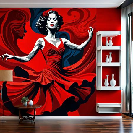 A surreal, artistic scene where a flamenco dancer in a vibrant red dress is performing in front of a large mural of a woman's face. The woman's face, painted on an old, textured wall, is monochromatic, while the dancer's red dress blends seamlessly with the mural, appearing as if the dress and mural are one. The dancer's dress flows and swirls dramatically, creating a sense of motion that complements the static but powerful expression of the mural. The wooden floor and the weathered wall add a rustic, artistic atmosphere to the scene, creating a blend of reality and art.