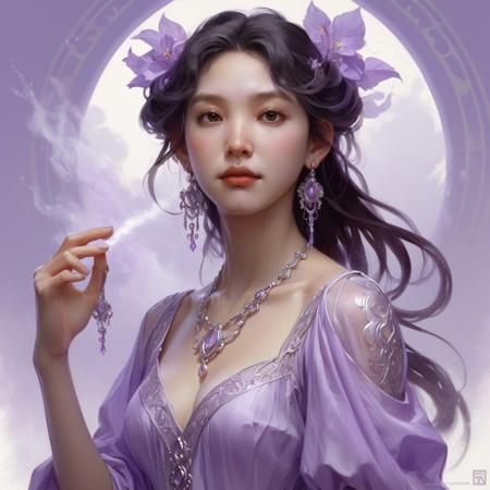 zhangruonan woman,  ,jewelry,earrings,full body nose, detailed, intricate, elegant, light purple mist, my rendition, digital painting, artstation, concept art, smooth, sharp focus, illustration, art by artgerm and greg rutkowski and alphonse mucha   <lora:zrn2_ej_JuggXL_1-000020:0.6>