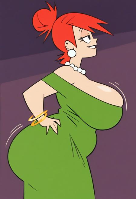 score_9_up, score_8_up, score_7_up, score_6_up, fat body, huge ass, fat ass, gigantic ass, side view, standing, bottom heavy, motion lines, bbw, wide hips, thick thighs, FrankieFoster, red hair, hair bun, single hair bun, smile, green dress, pearl earrings, pearl necklace, gold bracelets, jewelry, huge breasts, black eyes, cleavage, chubby