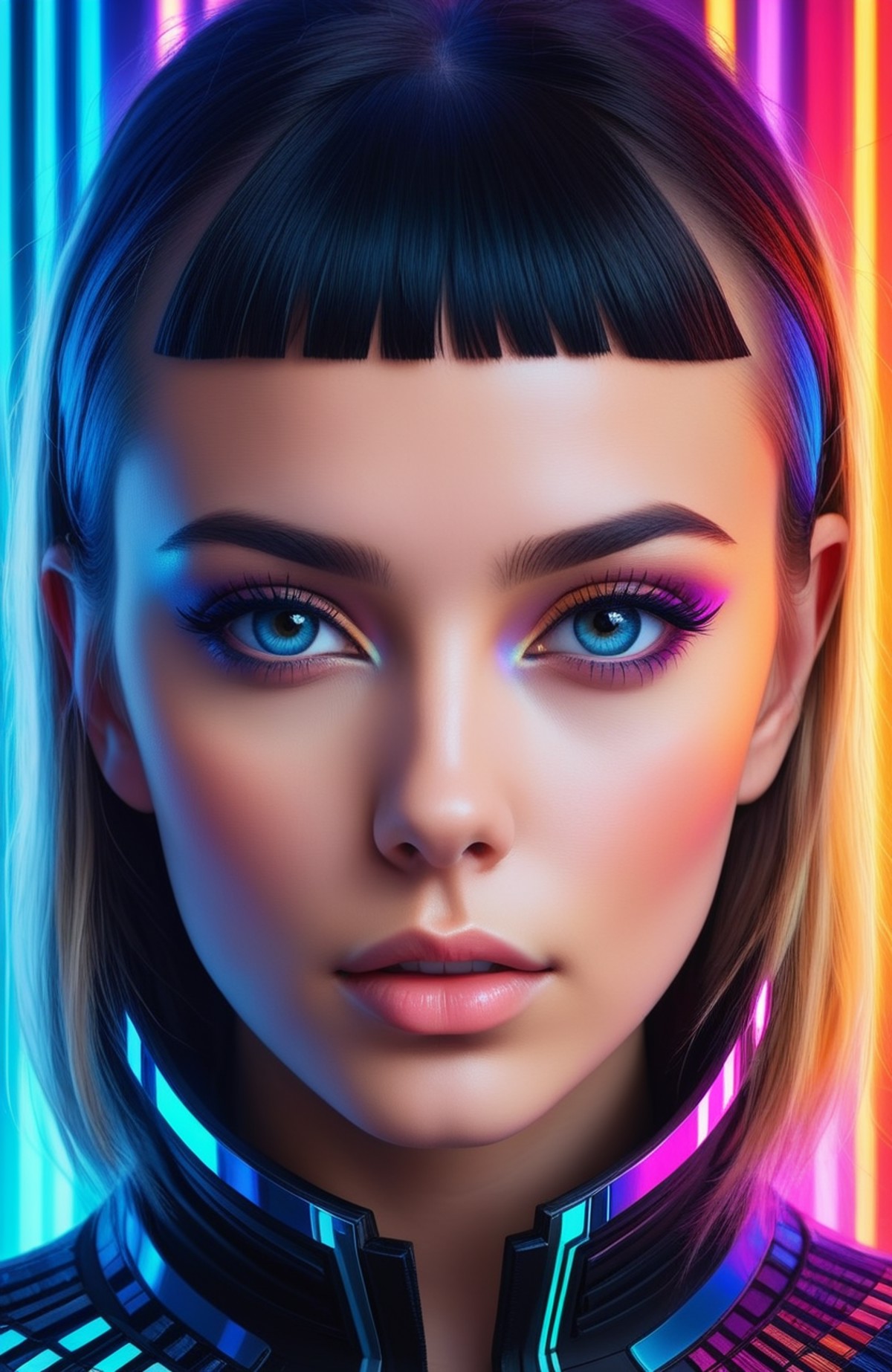 Hyperrealistic art <lora:FF-WoMM-XL-FA-v0208-TE:0.69> a close up of a woman's face with a multicolored background, young g...